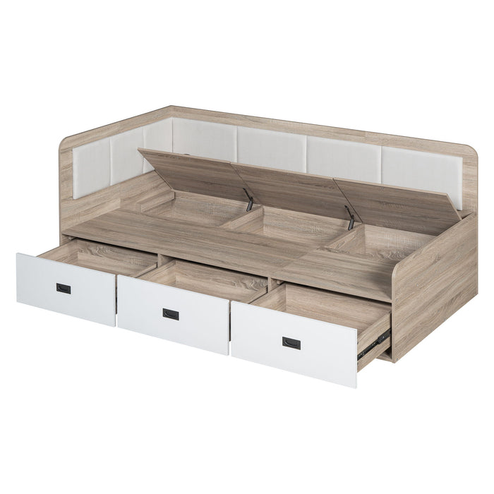 Twin Size Daybed With Three Drawers And Three Storage Compartments - Nature / Beige