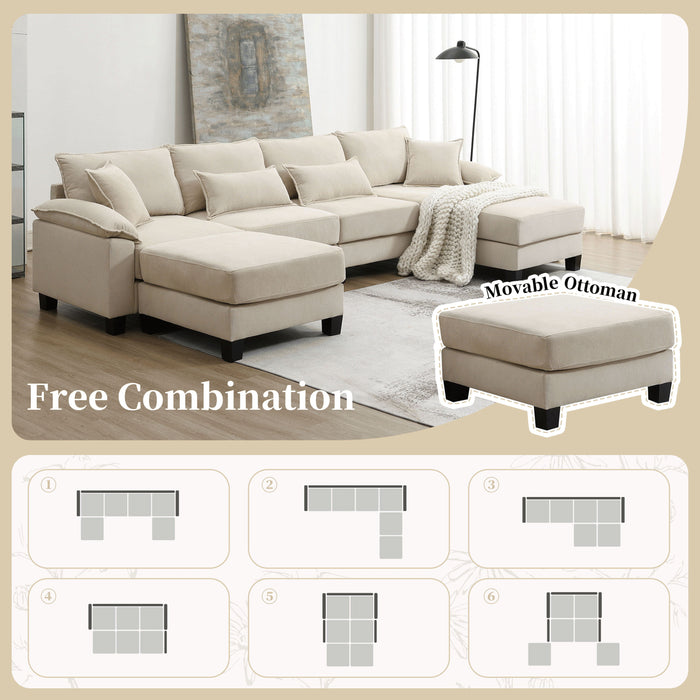 Corduroy Modular Sectional Sofa, U Shaped Couch With Armrest Bags, 6 Seat Freely Combinable Sofa Bed, Comfortable And Spacious Indoor Furniture For Living Room - Beige