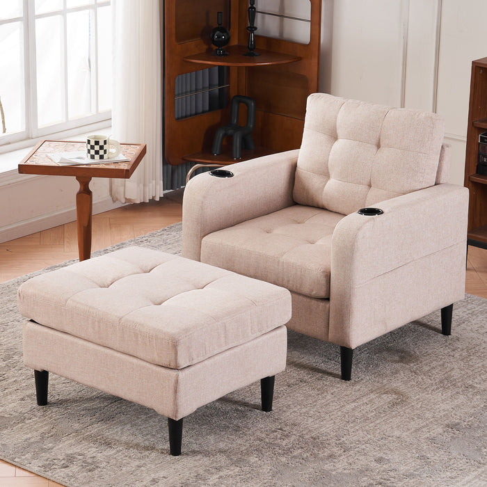 Beige Upholstered Armchair And Storage Ottoman Set, Comfortable Single Sofa With Cup Holders And Tufted Detailing, Ideal For Living Room Or Bedroom - Beige