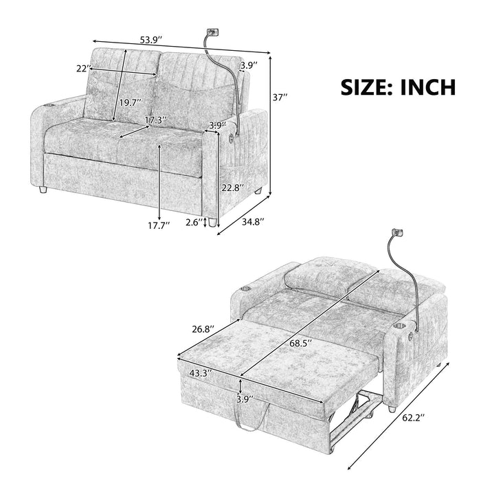 Modern Loveseat Pull Out Sofa Bed With Adjustable Backrest, Two Cup Holders, A Phone Holder, Three Charging Ports And Side Storage Pockets For Living Room