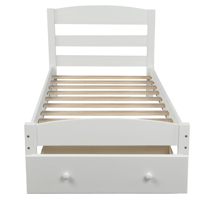 Twin Platform Bed Frame With Storage Drawer And Wood Slat Support No Box Spring Needed - White