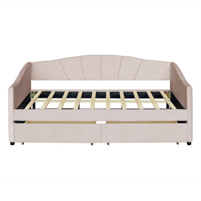 Twin Size Upholstered Daybed With Two Drawers And Wood Slat - Beige