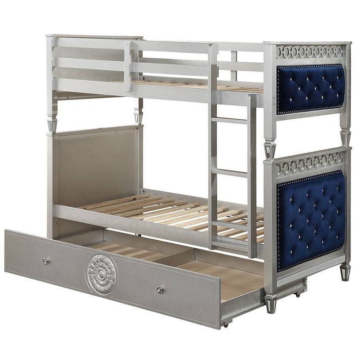 Varian - Twin Over Twin Bunk Bed - Blue Velvet & Silver Finish