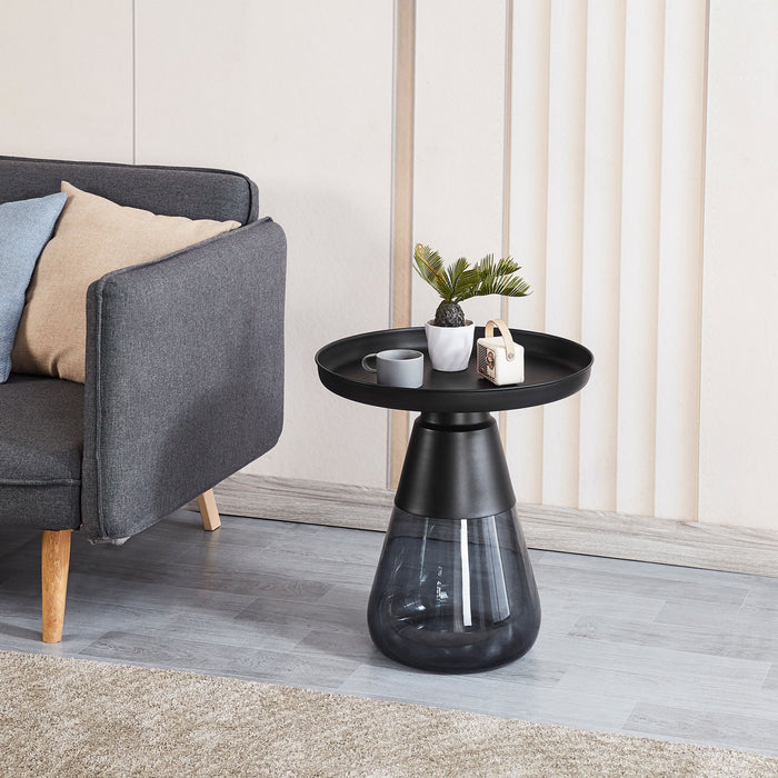 Smoke Glass Base With Black Painting Top Side Table, Living Room Sofa Table - Smoke