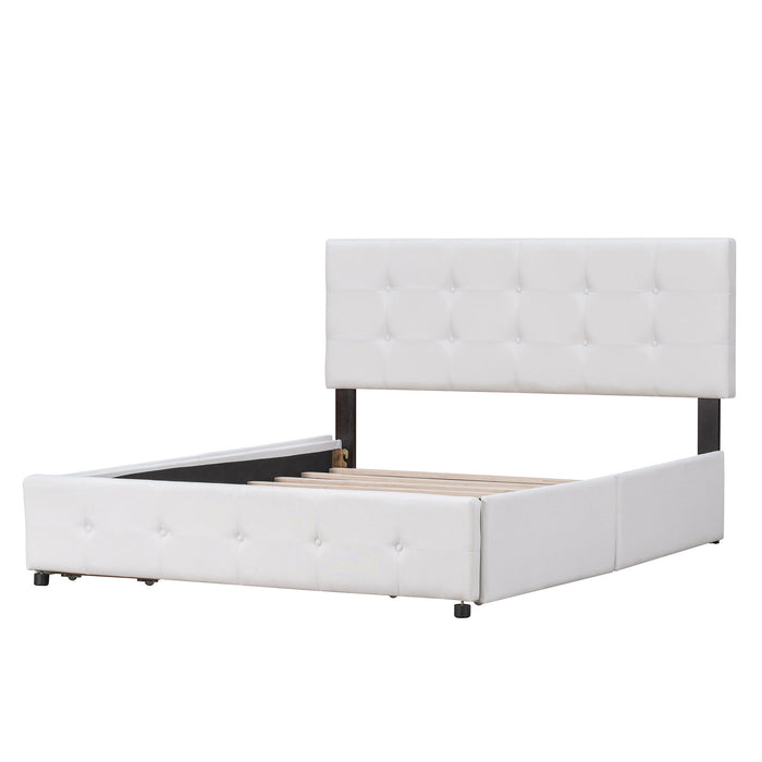 Queen Size Upholstered Platform Bed With Classic Headboard And 4 Drawers, No Box Spring Needed - White