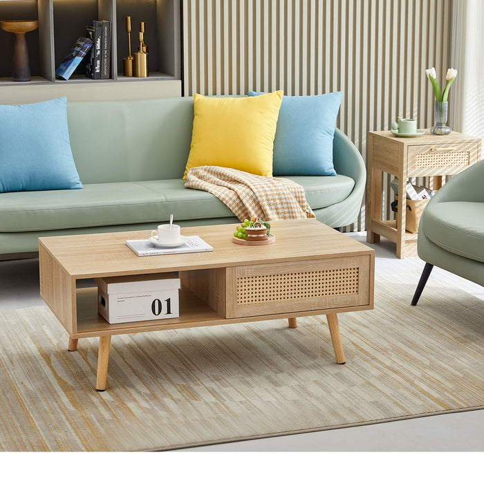 41.34" Rattan Coffee Table, Sliding Door For Storage, Solid Wood Legs, Modern Table For Living Room