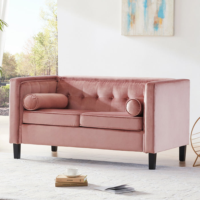 Mid-Century Velvet Sofa, Love Seats Sofa Furniture With Bolster Pillows, Button Tufted Couch For Living Room, Tool - Free Assembly - Pink