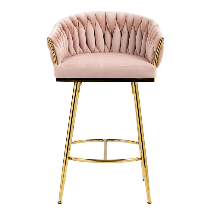 Counter Height Bar Stools (Set of 2) Kitchen Island Counter Bar Stool With Hand-Wave Back, Golden Chromed Base And Footrest - Pink