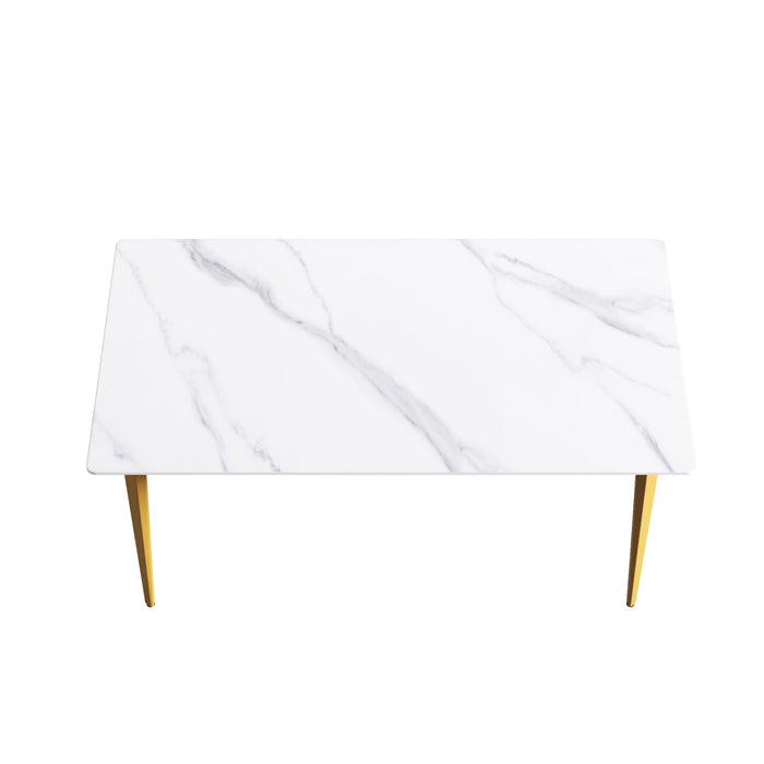 63" Modern Artificial Stone White Straight Edge Golden Metal Leg Dining Table, 6 People - White / Gold