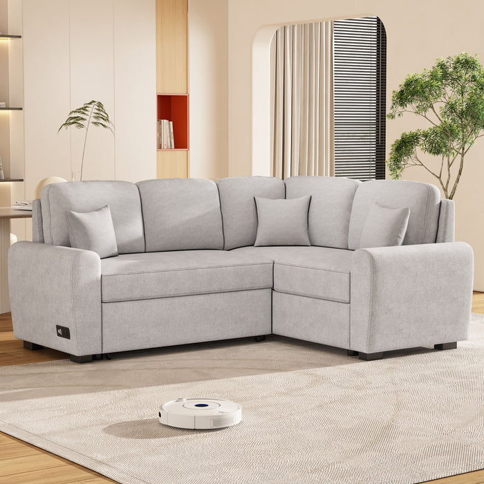 Sectional Sleeper Sofa With USB Charging Port And Plug Outlet, Pull-Out Sofa Bed With 3 Pillows, L-Shape Chaise For Living Room Small Apartment