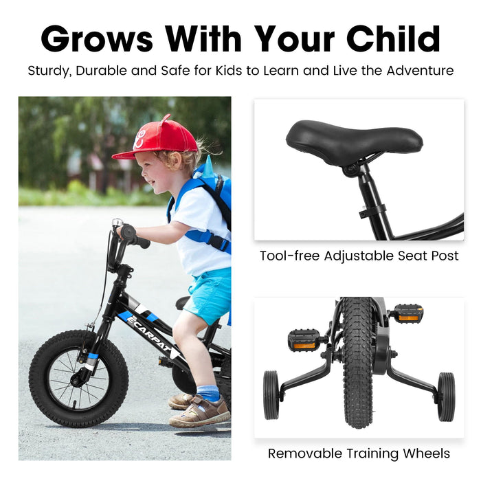 A12117 Kids' Bike 12" Wheels, 1 Speed Boys Girls Child Bicycles For 2 - 3 Years, With Removable Training Wheels Baby Toys, Front V Brake, Rear Holding Brake - Black