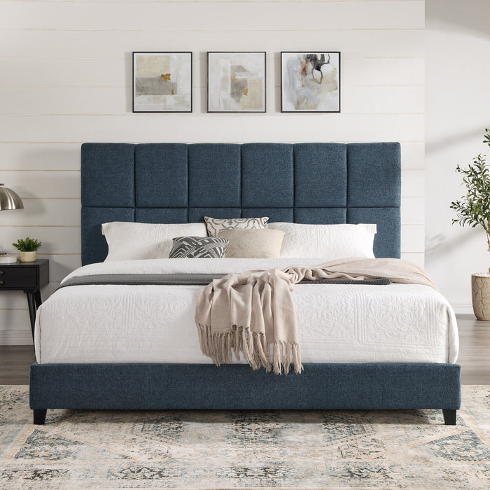 King Size Squares Upholstered Platform Bed - Navy Blue Denim