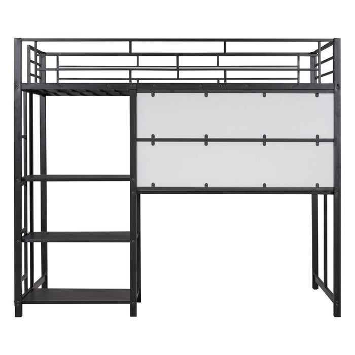 Loft Bed With Desk And Whiteboard, Metal Loft Bed With 3 Shelves And Ladder