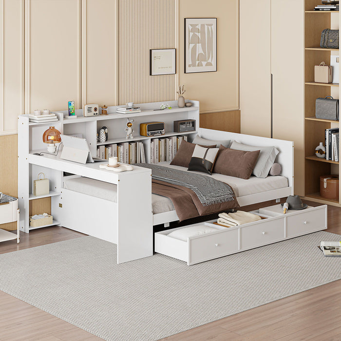 Full Size Wooden Daybed With 3 Drawers, USB Ports And Desk - White