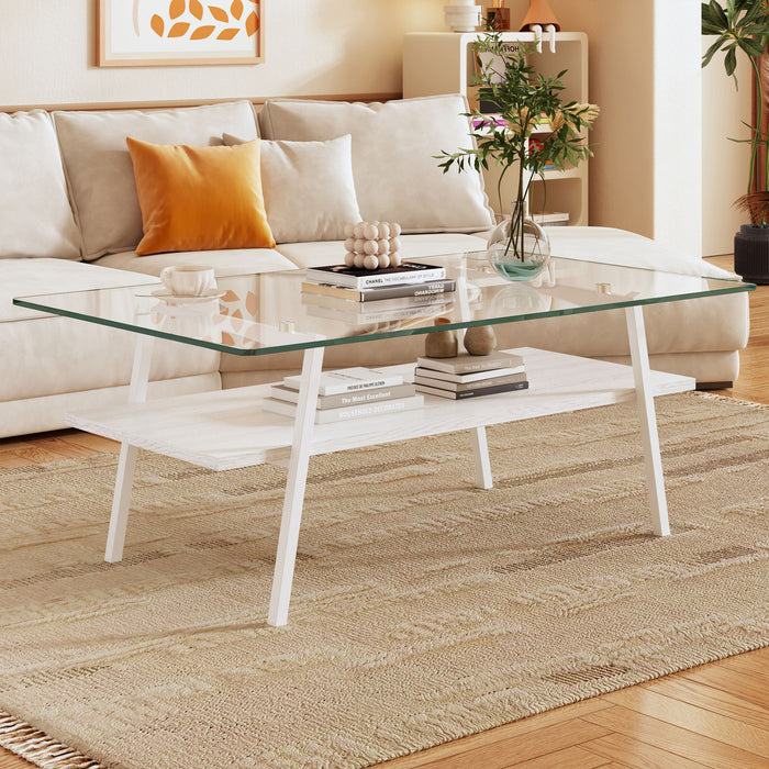 Rectangle Coffee Table, Tempered Glass Tabletop With Metal Legs, Modern Table For Living Room