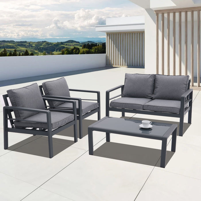 4 Piece Aluminum Outdoor Patio Conversation Set, All Weather Sectional Sofa Outside Furniture With Removable Cushions And Tempered Glass Coffee Table