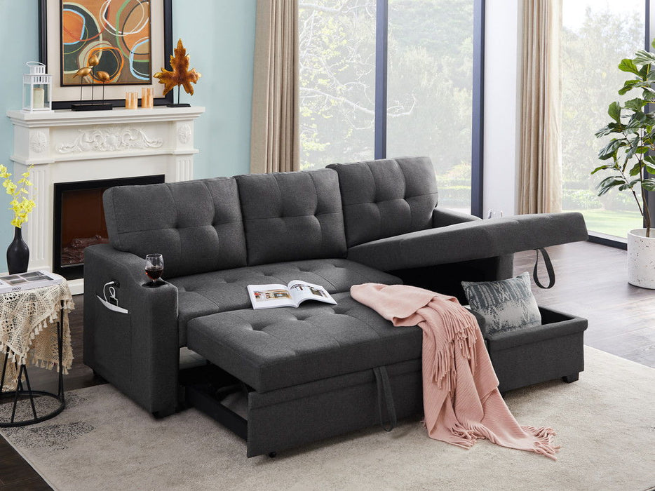 Mabel - Linen Fabric Sleeper Sectional With Cupholder, USB Charging Port And Pocket