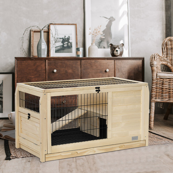 Wooden Rabbit Hutch Indoor Bunny House For Small Animals With Plastic Tray - Natural