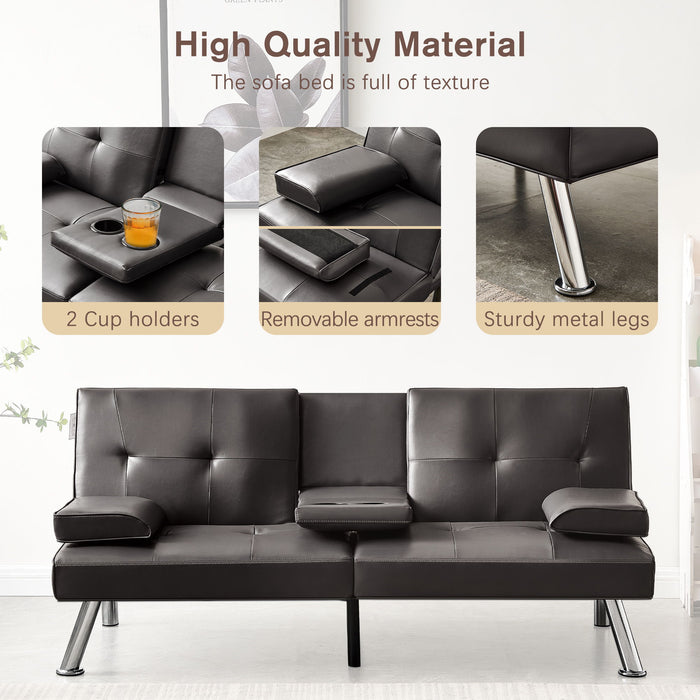 Sofa Bed, Loveseat Futon Sofa Bed With Removable Armrests, Adjustable Reliner Guest Bed Daybed For Small Space, Cup Holders, 3 Angles