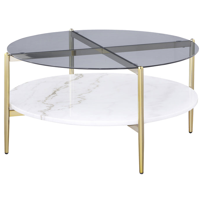 Jonelle - Round Glass Top Coffee Table Marble Shelf - Gold / White