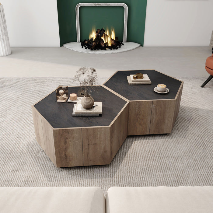 Hexagonal Rural Style Garden Retro Living Room Coffee Table With 2 Drawers - Light Oak