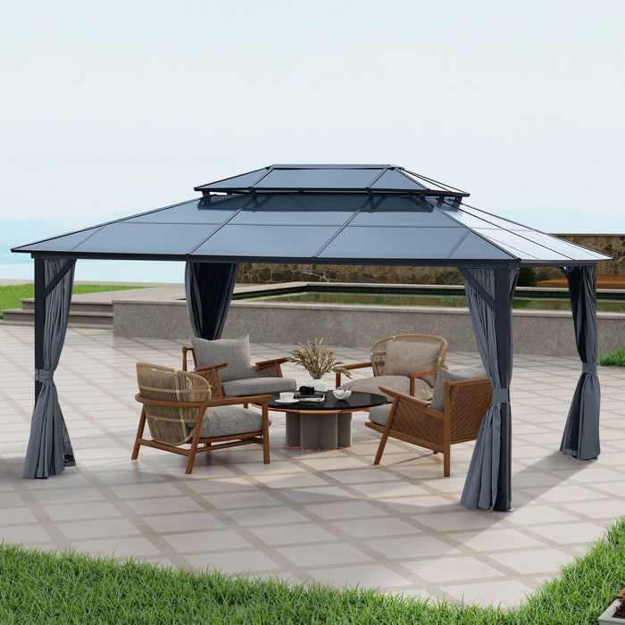 12' x 16' Gazebo Polycarbonate Double Roof Canopy Outdoor Aluminum Frame Pergola, Permanent Pavilion With Netting And Curtains For Garden Patio Lawns Parties - Gray