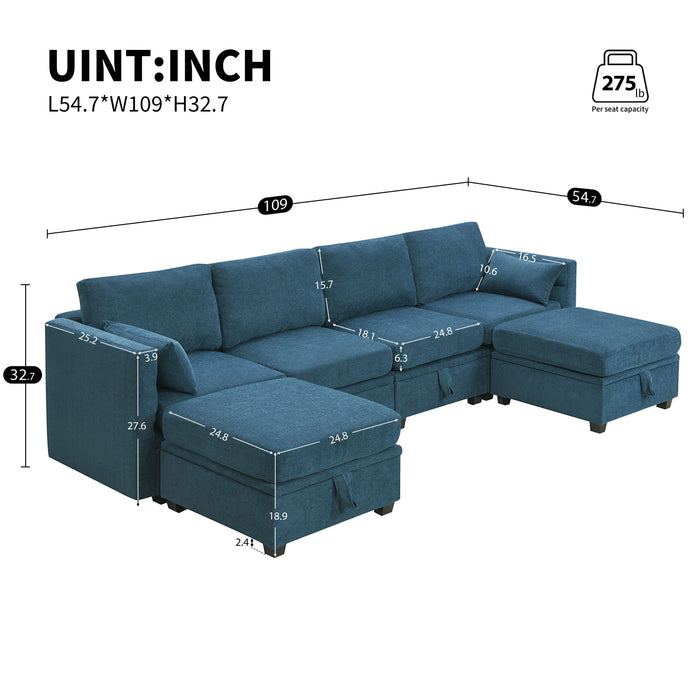 Chenille Modular Sectional Sofa, U Shaped Couch With Adjustable Armrests And Backrests, 6 Seat Reversible Sofa Bed With Storage Seats For Living Room, Apartment