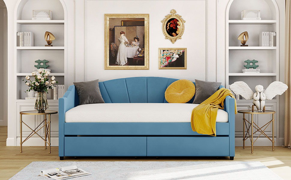 Twin Size Upholstered Daybed With Two Drawers And Wood Slat - Blue