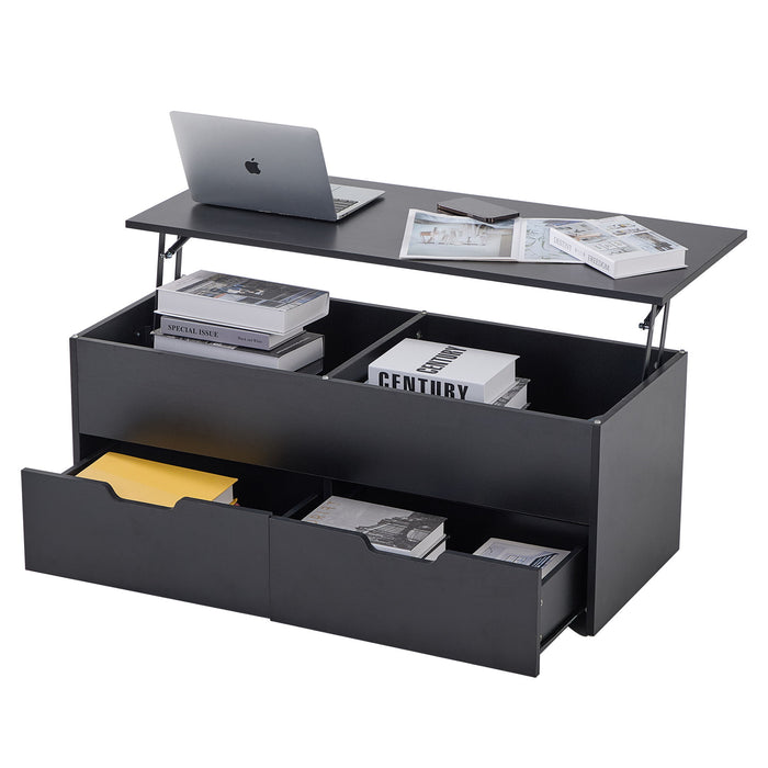 Lift-Top Coffee Table With Storage Center Tables Hidden Compartment & 2 Drawers, Sofa Table For Living Room - Black