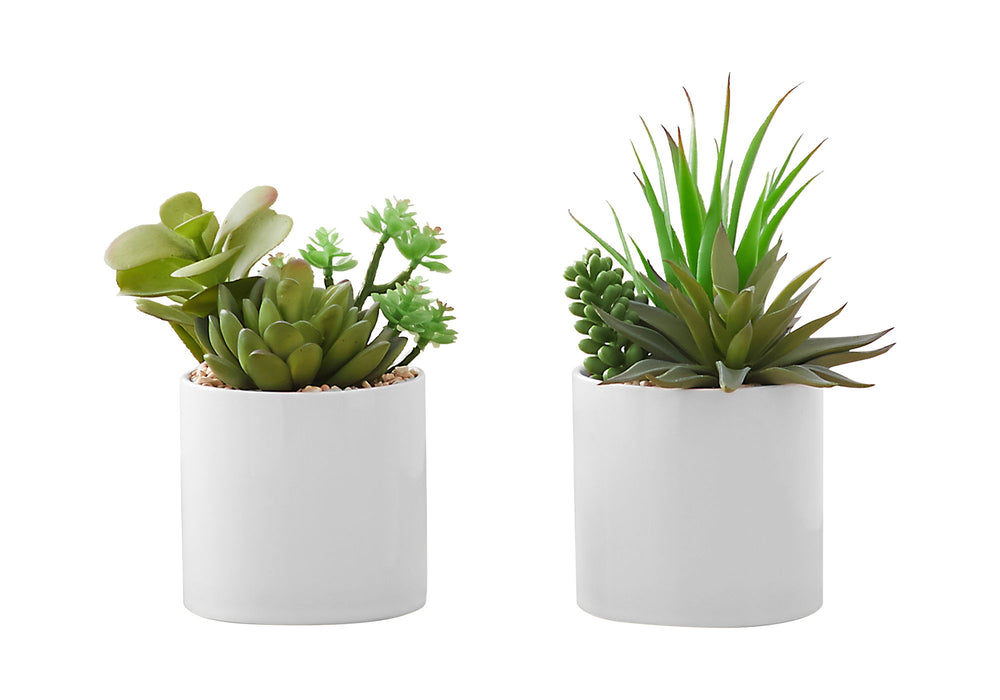 7" Tall, Artificial Plant, Succulent, Indoor, Faux, Fake, Table, Greenery, Potted, Decorative (Set of 2) - Green / White