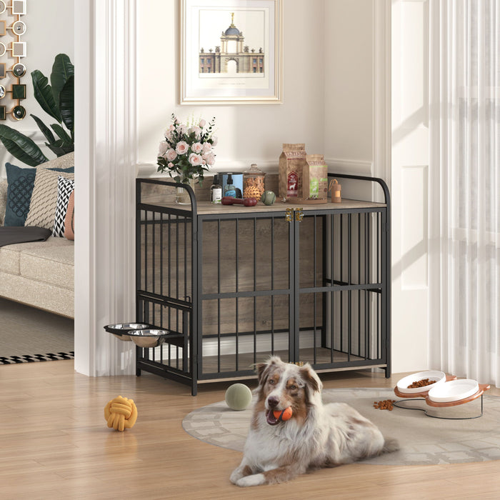 Indoor Metal Dog Crate With Double Doors, Wooden Side End Table Crate, Dog Crate Furniture With Adjustable Feeder Stand, For Medium Dog - Gray