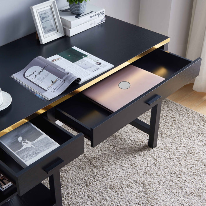 Elegant Office Desk With Two Drawer, Two Bottom Storage Shelves - Black & Gold