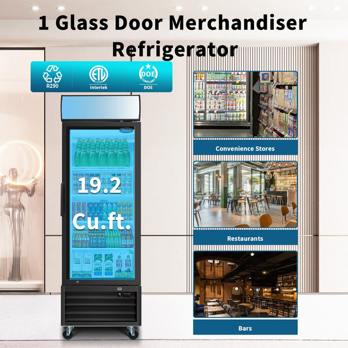 Glass Door Merchandiser Refrigerator 19.3 Cu.Ft Swing Door Commercial Display Refrigerators Merchandising Refrigeration With LED Top Panel - Black