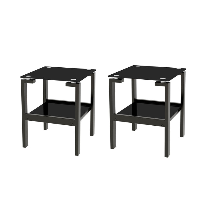 Tempered Gass End Table Set (Set of 2), Sofa Table With 2-Layer Storage Shelf - Black