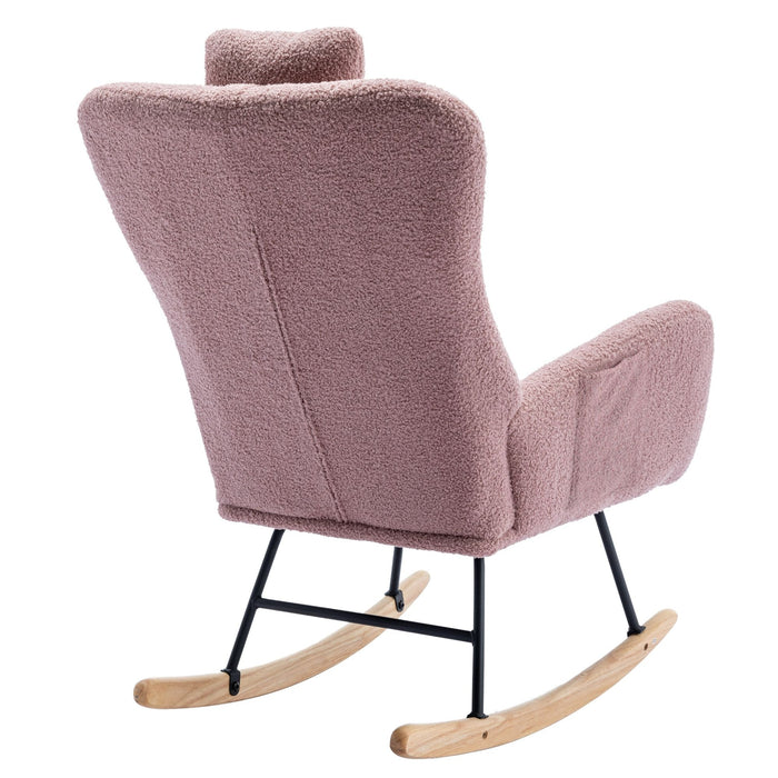 Rocking Chair With Pocket, Soft Teddy Fabric Rocking Chair For Nursery, Comfy Wingback Glider Rocker With Safe Solid Wood Base