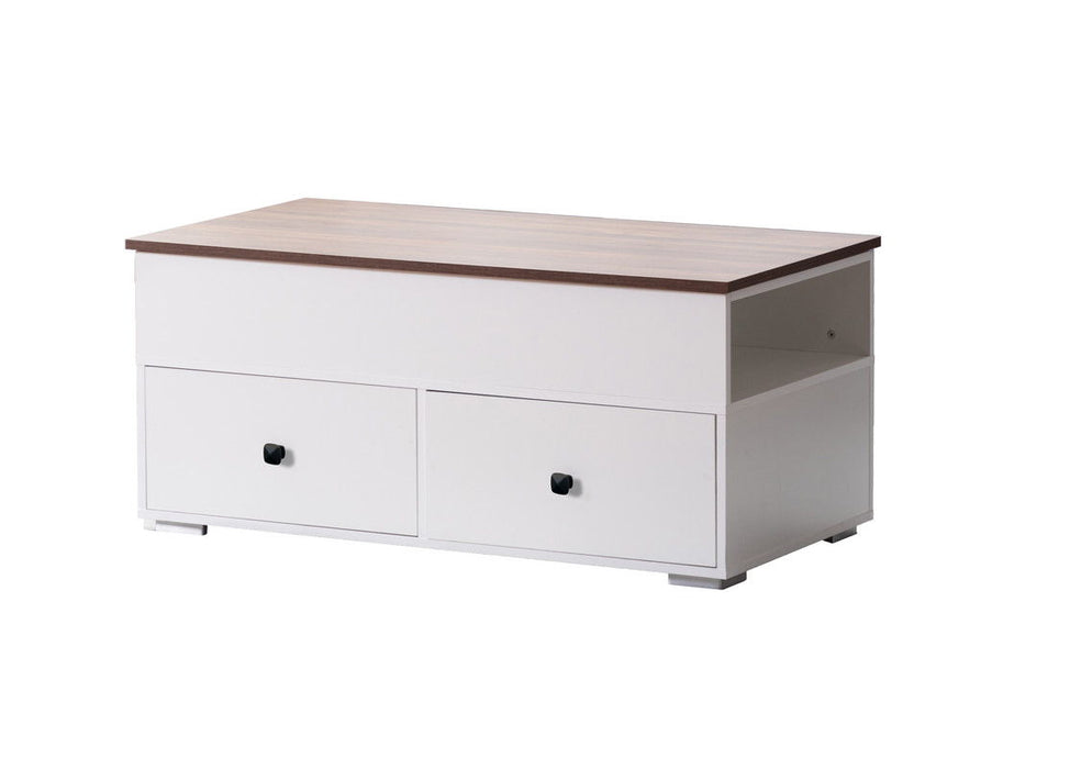 Luna - 45.5" Coffee Table With Walnut Finish Lift Top, 2 Drawers, And 2 Shelves - White And Brown