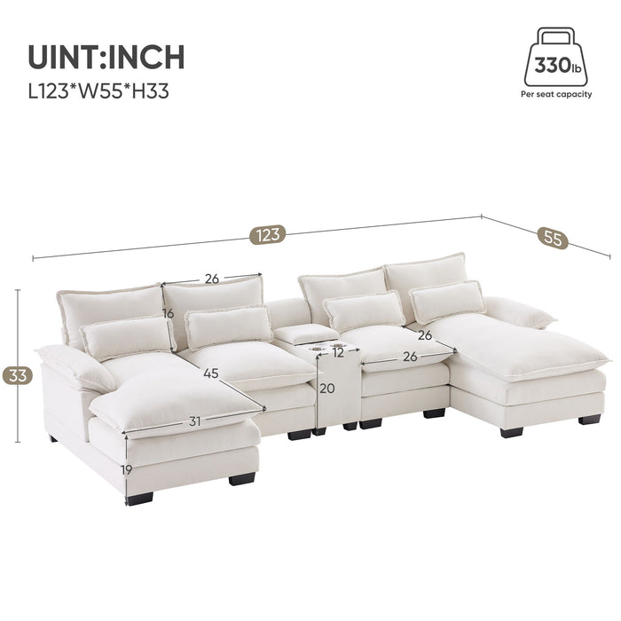 Modern U-Shaped Sofa With Console, Cupholders And USB Ports, 6 Seat Upholstered Symmetrical Indoor Furniture, Sleeper Couch Set With Chaise For Living Room