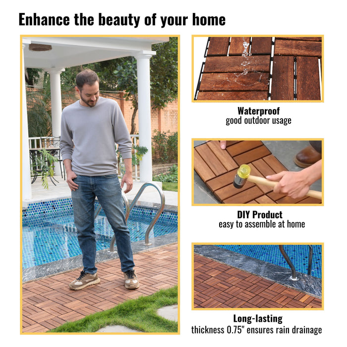 Interlocking Deck Tiles Checker Pattern, Square Acacia Hardwood Outdoor Flooring For Patio, Bancony, Pool Side