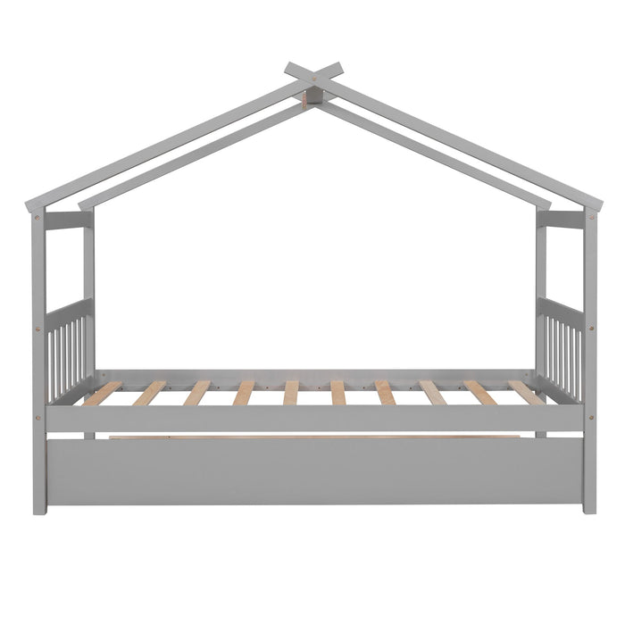 Twin Size Wooden House Bed With Twin Size Trundle - Gray