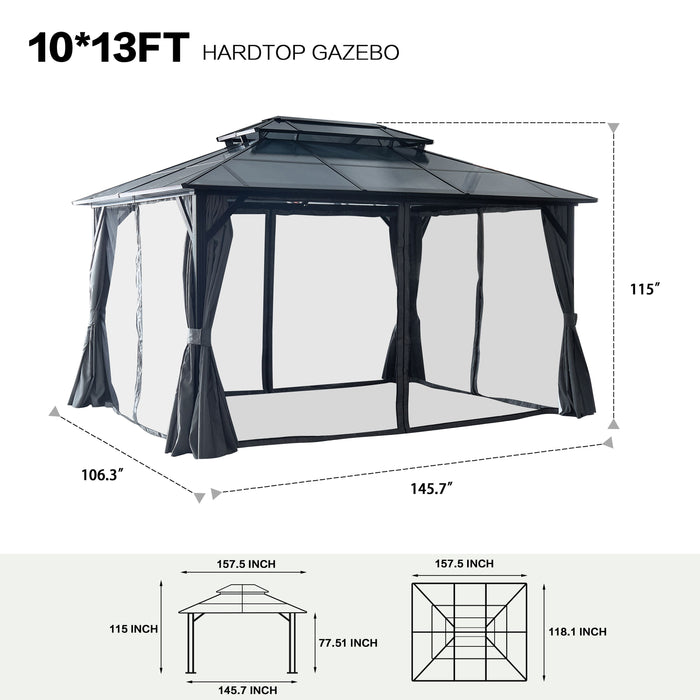 10'X13' Hardtop Gazebo, Outdoor Polycarbonate Double Roof Canopy, Aluminum Frame Permanent Pavilion With Curtains And Netting, Sunshade For Garden, Patio, Lawns - Black