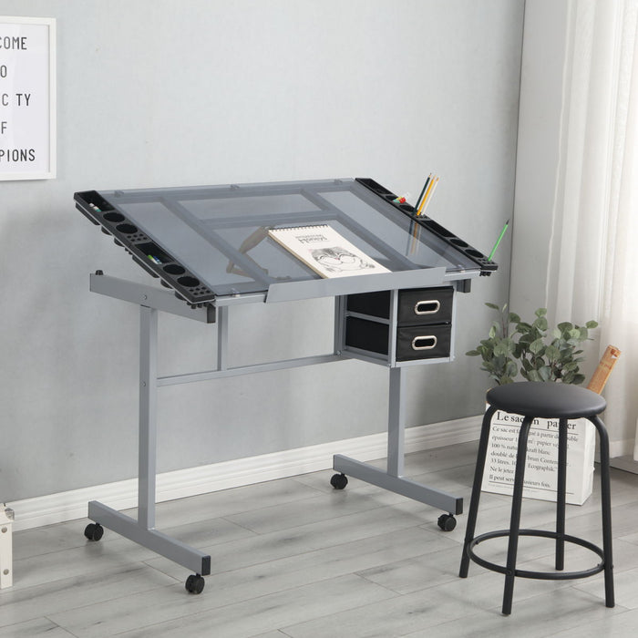 Adjustable Art Drawing Desk Craft Station Drafting With 2 Non-Woven Fabric Slide Drawers And 4 Wheels - Silver