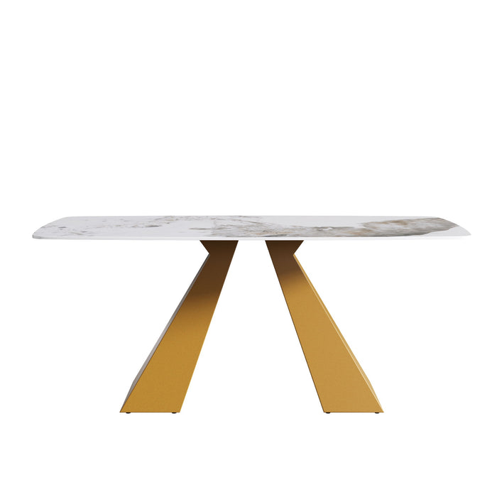 70.87" Modern Artificial Stone Pandora White Curved Metal Leg Dining Table, Can Accommodate 6-8 People - Antique White / Gold