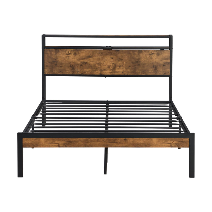 Queen Size Metal Platform Bed Frame With Wooden Headboard And Footboard With USB Liner, No Box Spring Needed - Brown