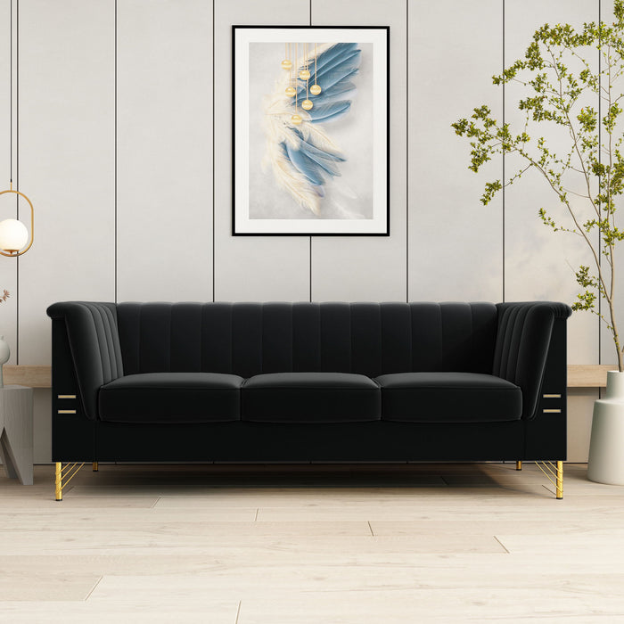 Fx-P82-Bk (Sofa) Modern Sofa Couches For Living Room, Velvet Tight Back Chesterfield Design Couch Upholstered Sofa With Metal Legs Decor Furniture For Bedroom - Black