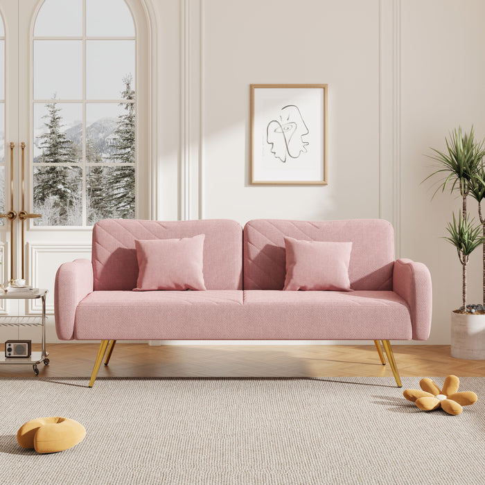 Double Sofa With Split Backrest And Two Throw Pillows, Suitable For Living Room, Apartment, Home Office - Pink