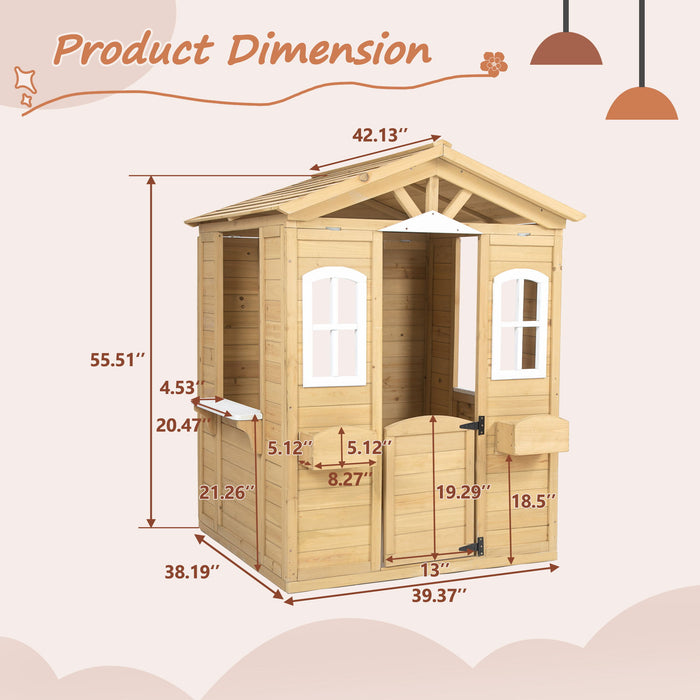 Wooden Playhouse For Kids Outdoor With Working Door, Windows, Mailbox, Flowers Pot Holder - Natural