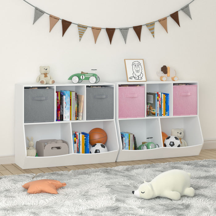 Kids Bookcase With Collapsible Fabric Drawers, Children's Toy Storage Cabinet For Playroom, Bedroom, Nursery, School - White / Gray