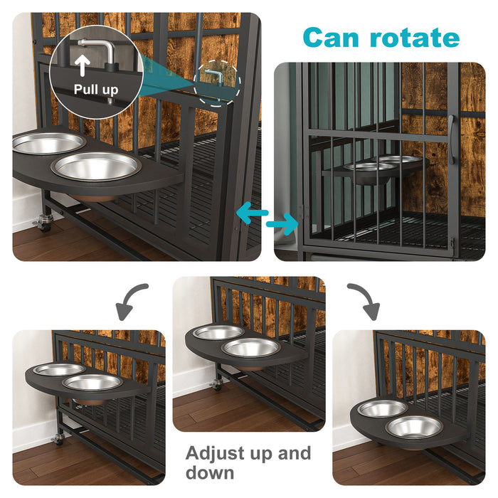 Modern Kennel Dogs Room Up To 80 Lb, Dog Crate Furniture With Multi-Purpose Rremovable Ttray, Double-Door Dog House, Lift Panel, 360 Degree Rotation, 3 Height Adjustable Feeding Bowls