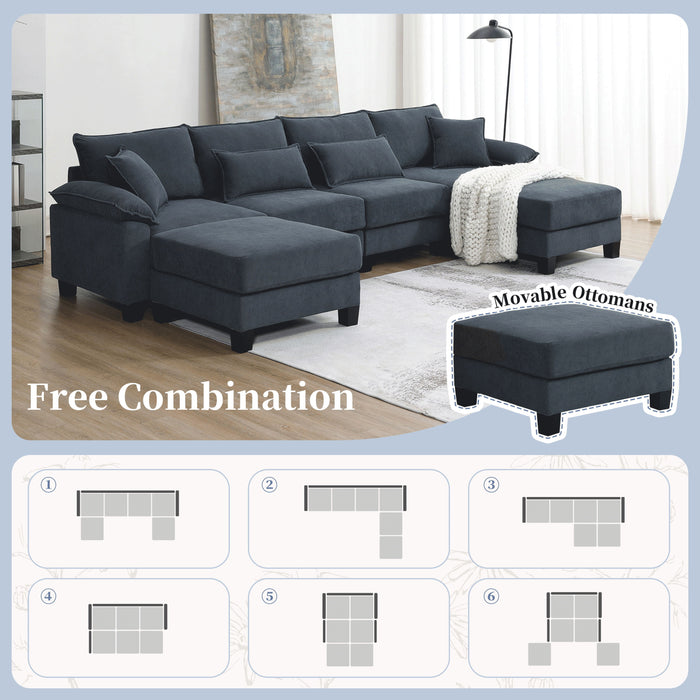 Corduroy Modular Sectional Sofa, U Shaped Couch With Armrest Bags, 6 Seat Freely Combinable Sofa Bed, Comfortable And Spacious Indoor Furniture For Living Room - Gray