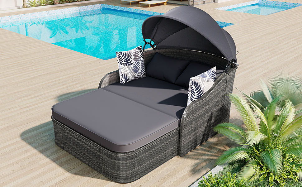 Outdoor Sunbed With Adjustable Canopy, Daybed With Pillows, Double Lounge, PE Rattan Daybed